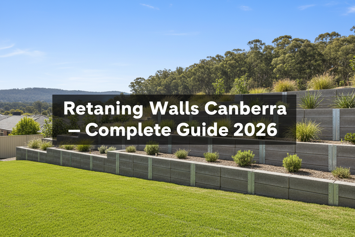 Concrete sleeper retaining wall Canberra ACT — charcoal sleepers with galvanised H-beam steel posts and cool-climate garden