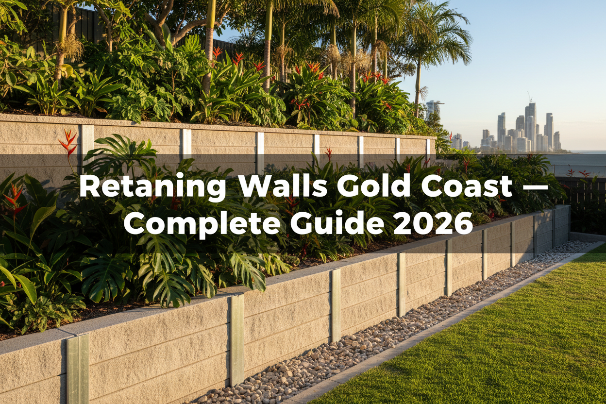 Concrete sleeper retaining wall Gold Coast QLD — charcoal sleepers with galvanised H-beam steel posts