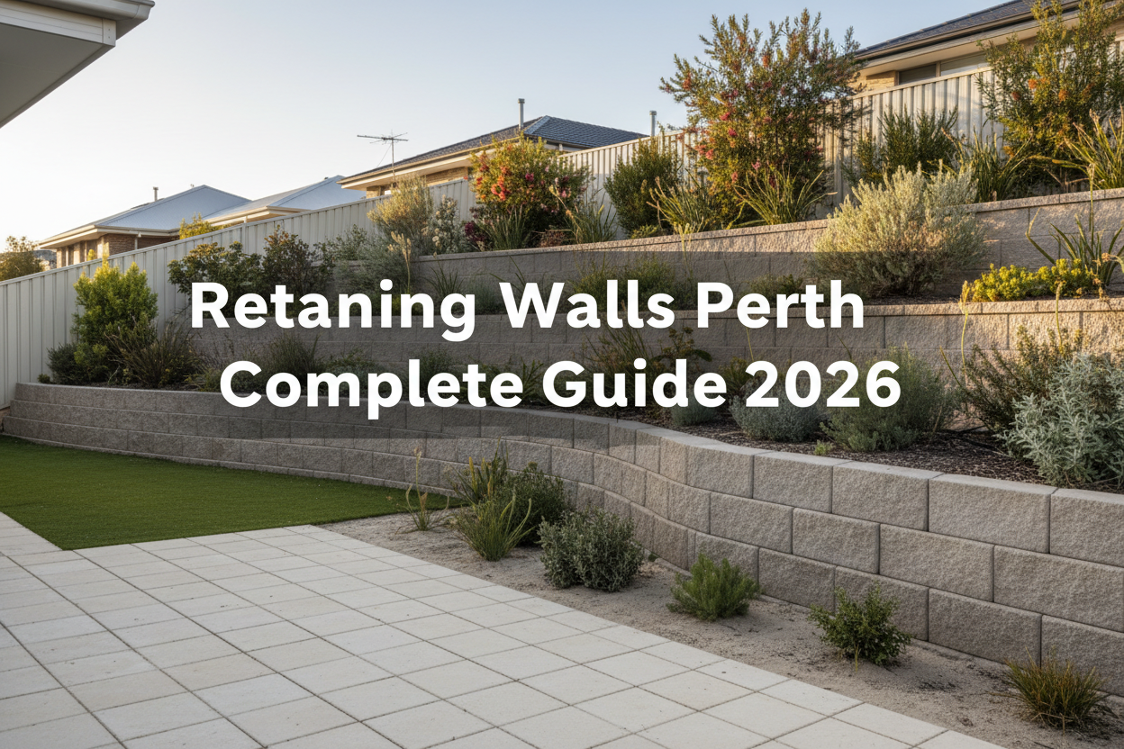 Concrete sleeper retaining wall Perth WA — charcoal sleepers with galvanised H-beam steel posts and native Australian garden