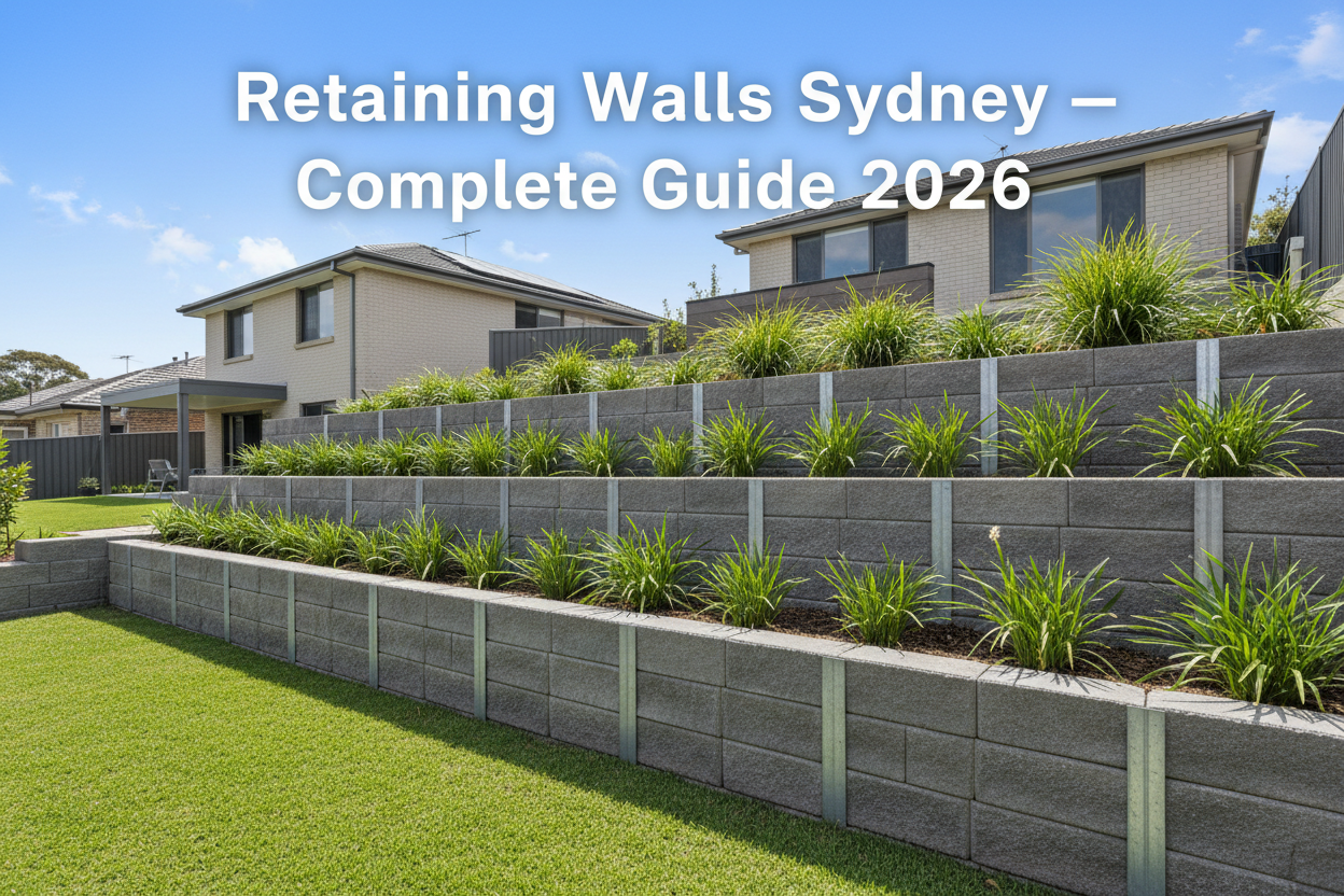 Concrete sleeper retaining wall Sydney NSW — charcoal sleepers with galvanised H-beam steel posts and sandstone garden