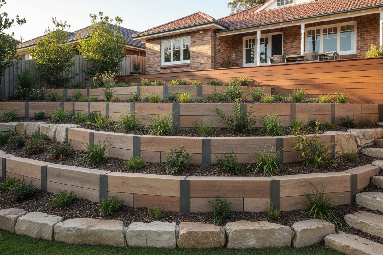 Ashwood grey-brown timber-look concrete sleeper retaining wall