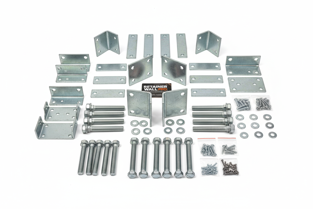 Retaining wall hardware pack with brackets cleats and fixings