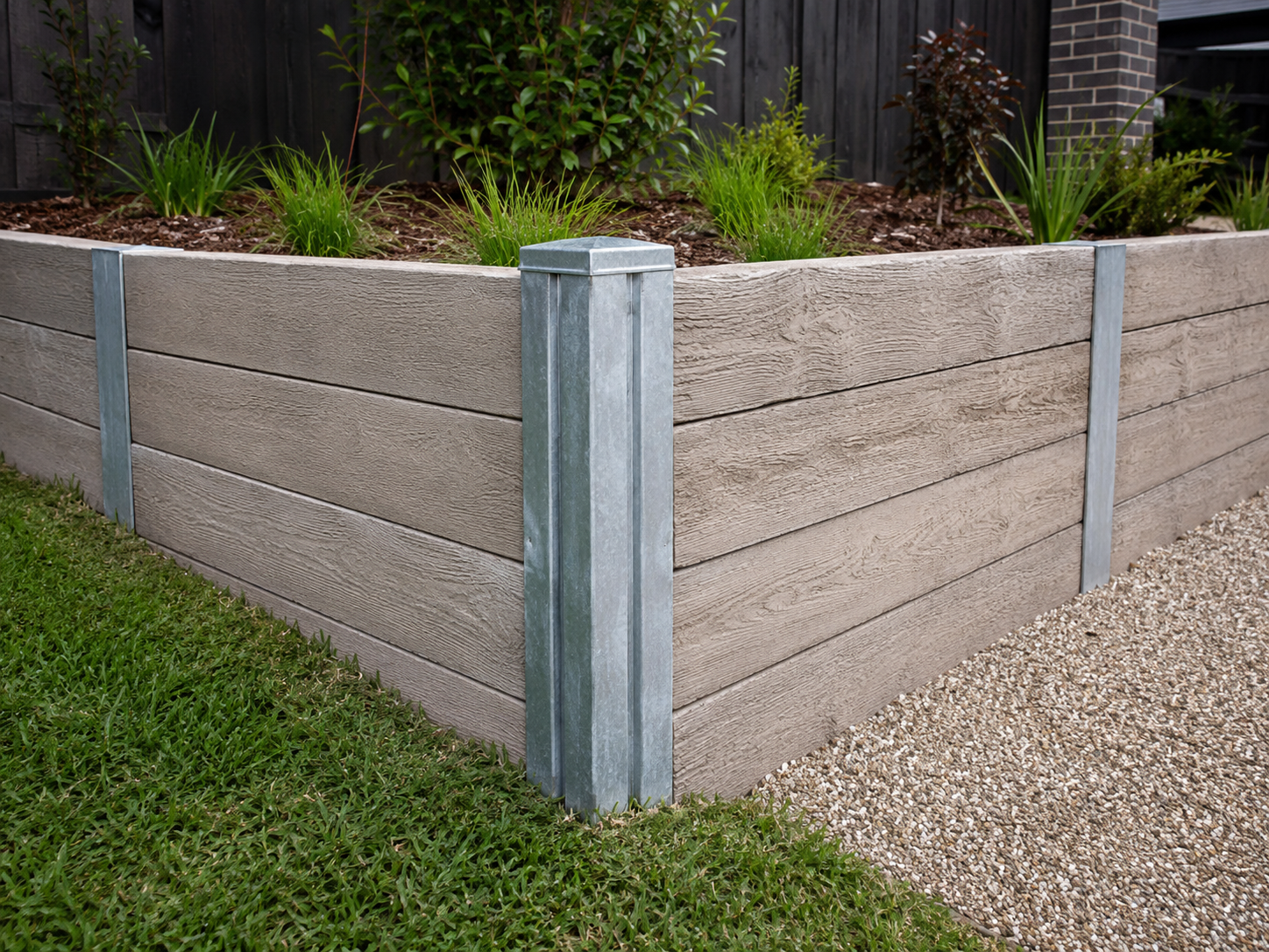 Corner steel post connecting two retaining wall sections at a right angle
