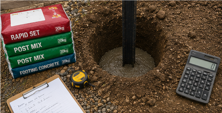 Concrete bags, post footing and measuring tools used to calculate concrete quantity