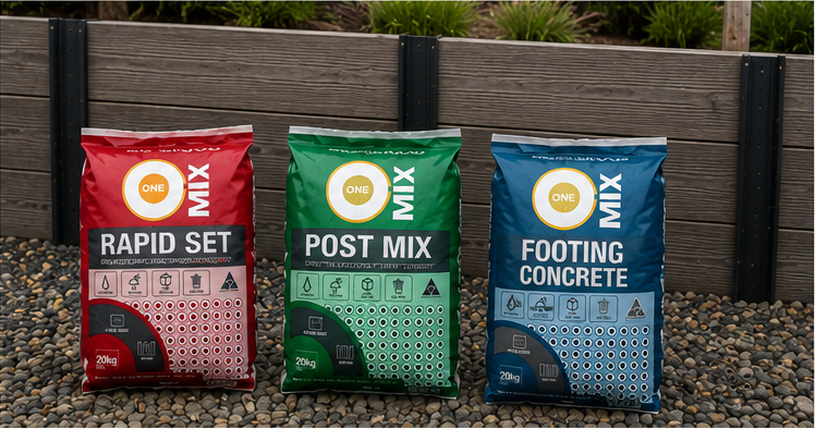 Rapid set, post mix and footing concrete bags lined up for comparison