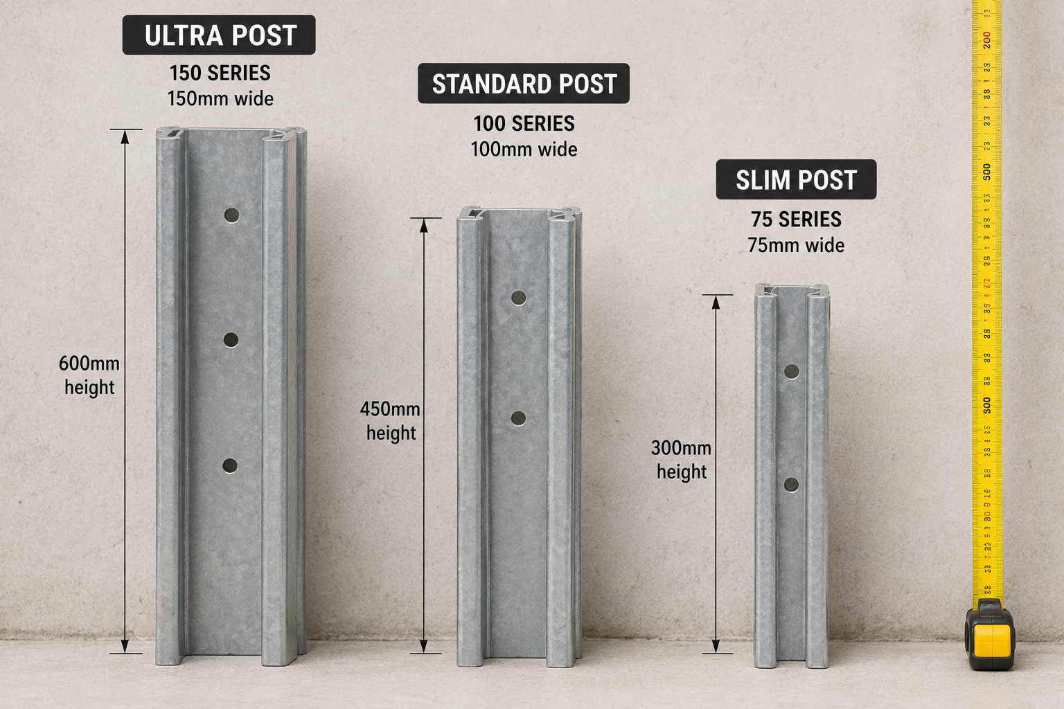 Side-by-side comparison of 100, 150, and 200 series steel retaining wall posts