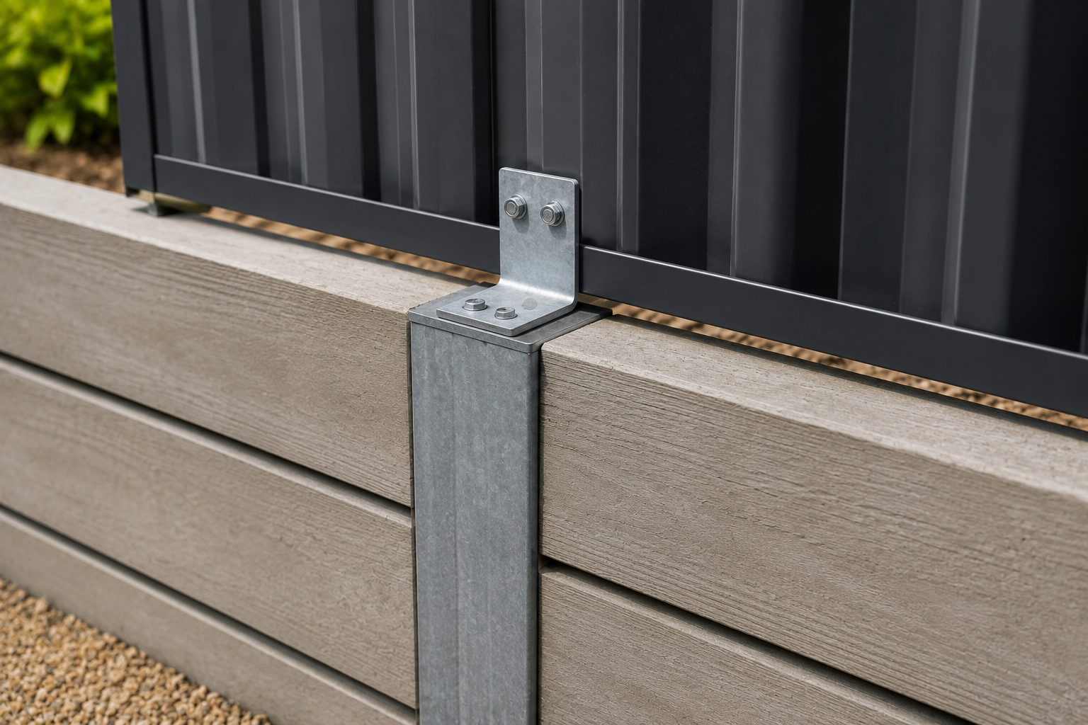 Steel fence bracket fitted to a retaining wall post for fence attachment