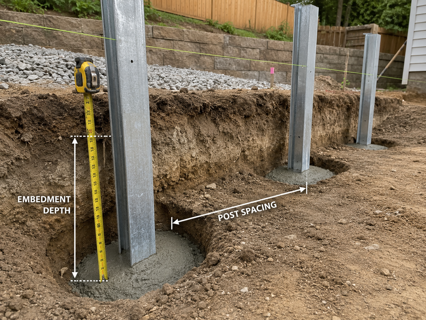Steel post being embedded into a concrete footing showing installation depth
