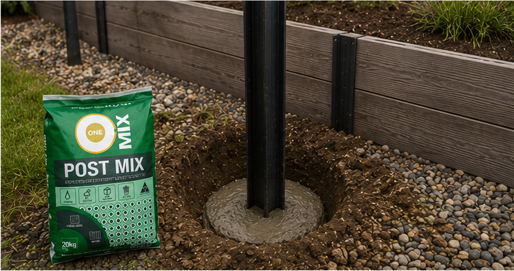 Steel retaining wall post set in a freshly poured concrete footing beside post mix concrete