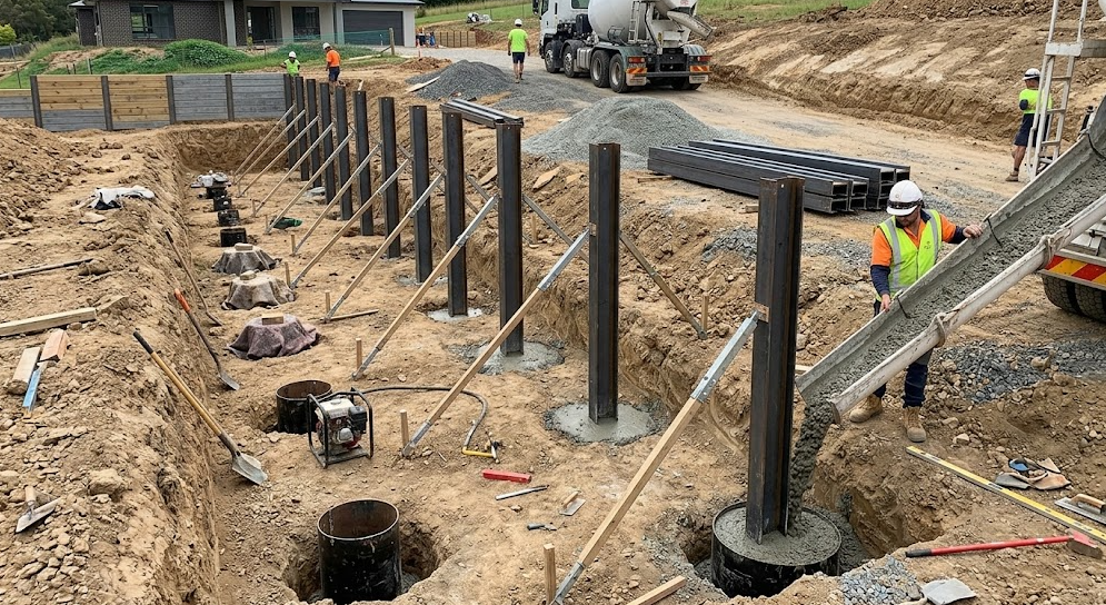 Steel retaining wall posts braced upright while concrete footings are being installed