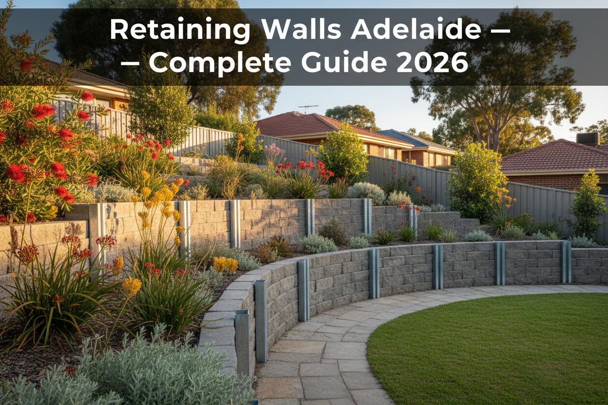 Concrete sleeper retaining wall Adelaide SA — charcoal sleepers with galvanised H-beam steel posts and Mediterranean garden