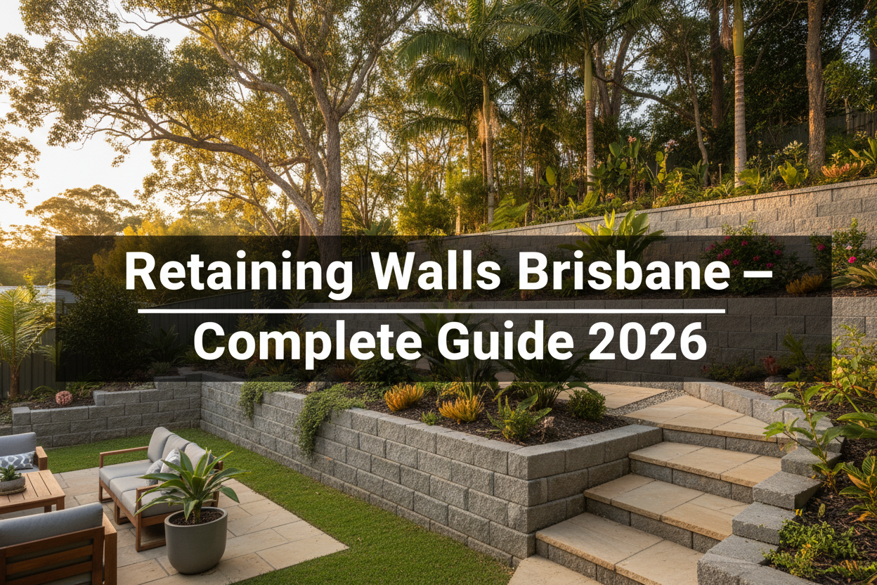 Concrete sleeper retaining wall Brisbane QLD — charcoal sleepers with galvanised H-beam steel posts and subtropical garden