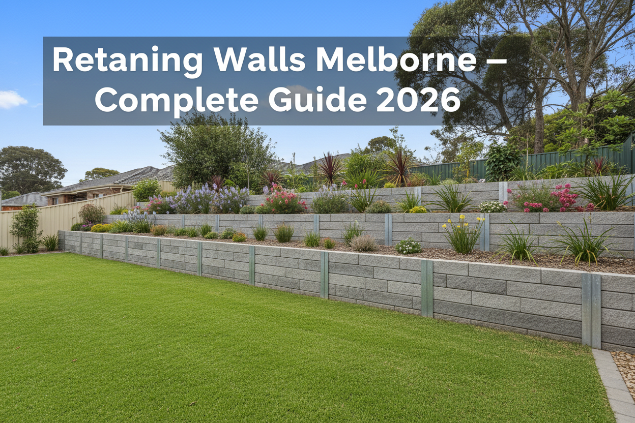 Concrete sleeper retaining wall Melbourne VIC — charcoal sleepers with galvanised H-beam steel posts and cool-climate garden
