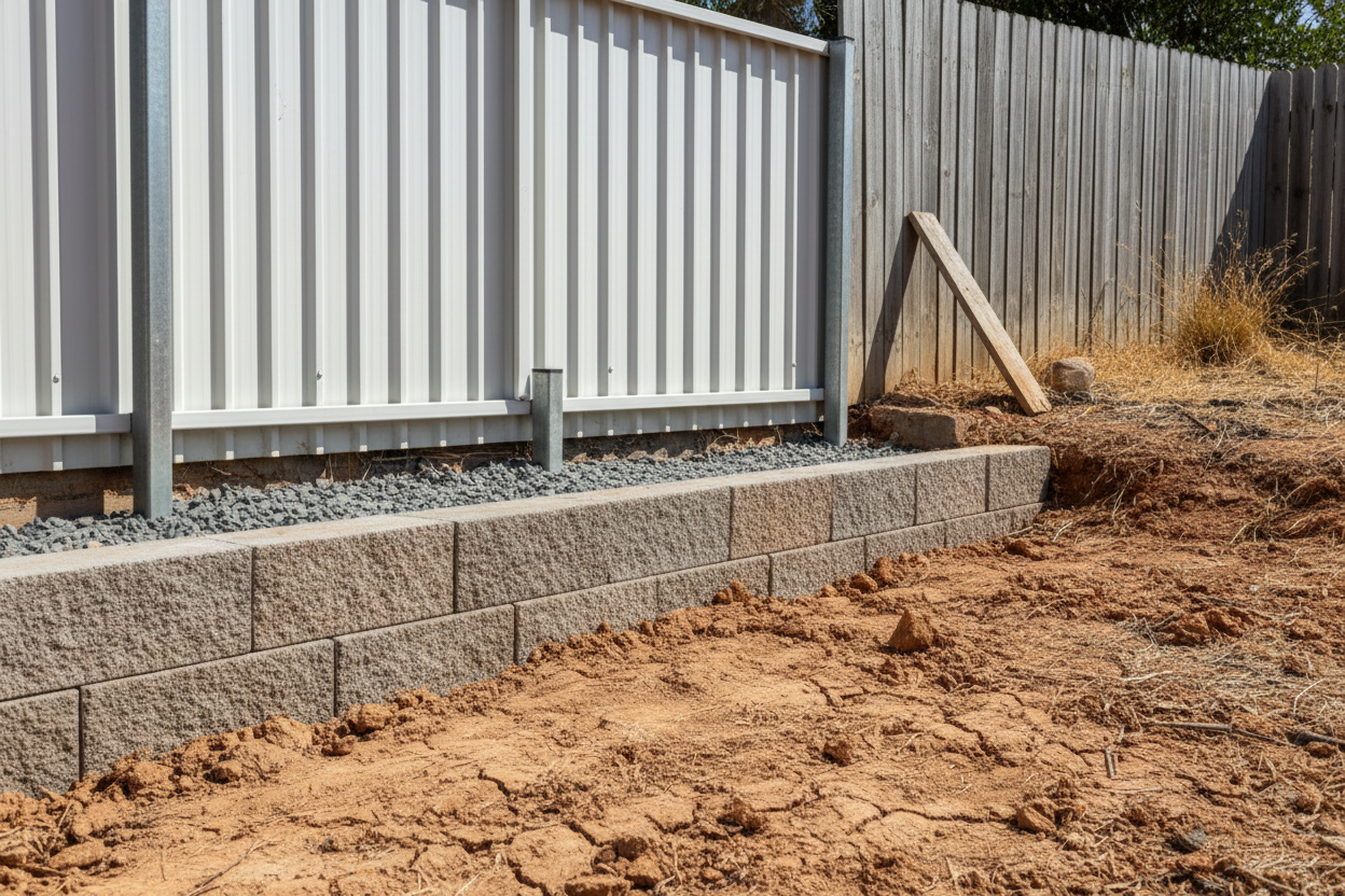 Lonsdale concrete under-fence plinth under a Colorbond fence