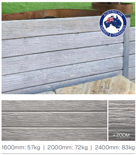 Timber-look concrete sleeper finish used for retaining wall construction